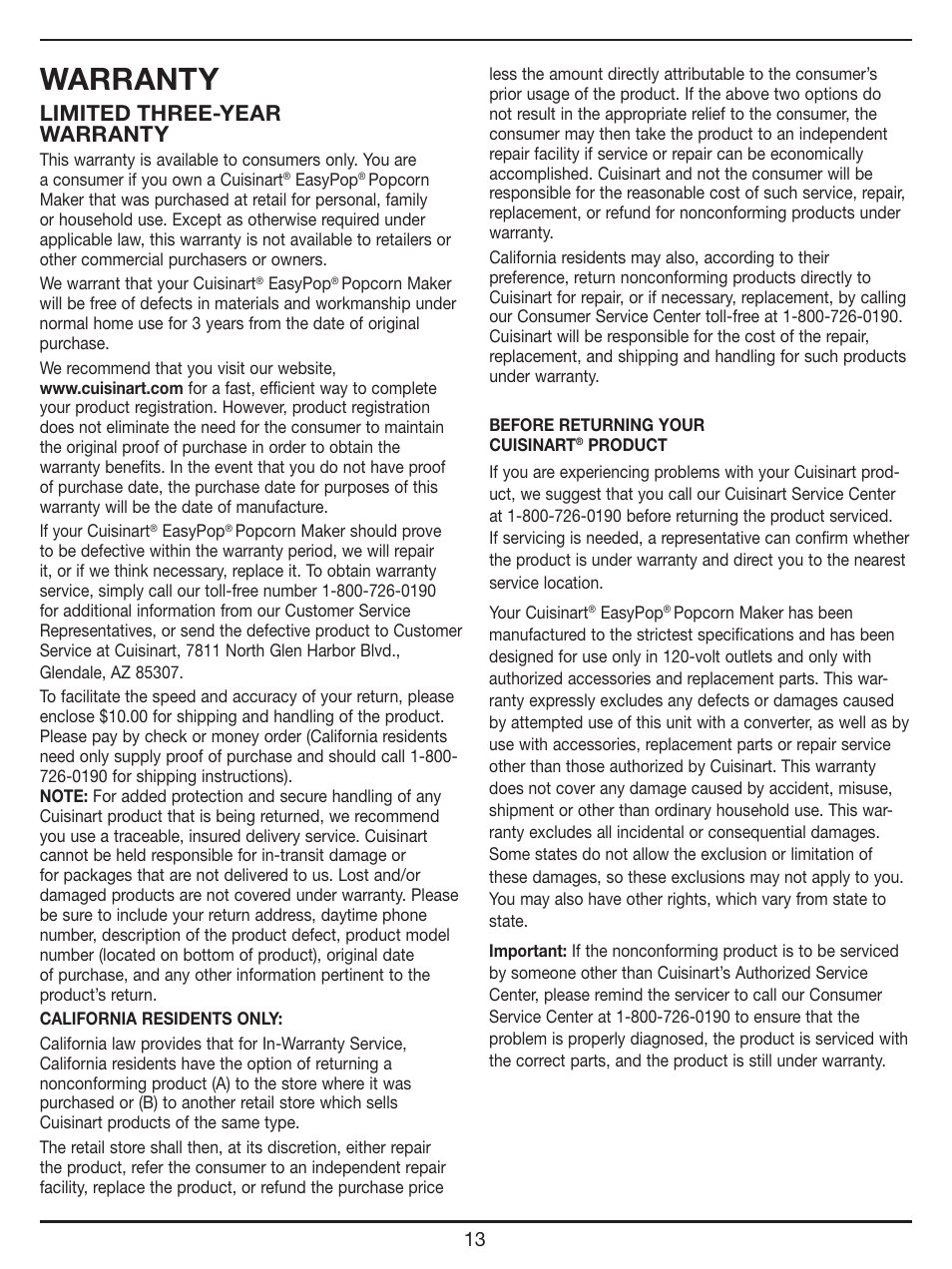 Warranty, Limited three-year warranty | Cuisinart EasyPop Popcorn Maker CPM-700 Series User Manual | Page 13 / 17