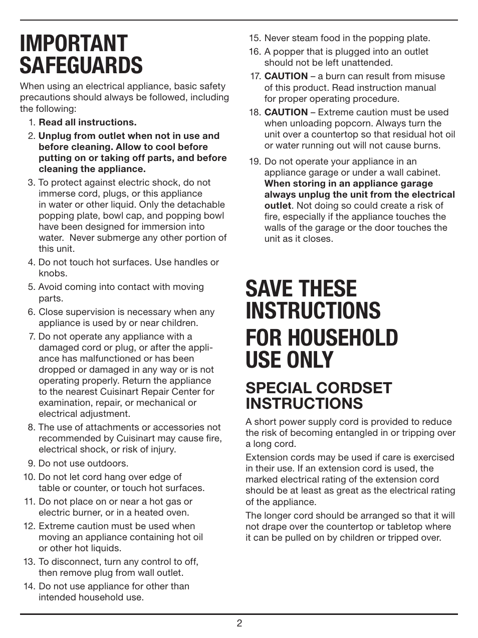 Important safeguards, Save these instructions for household use only, Special cordset instructions | Cuisinart EasyPop Popcorn Maker CPM-700 Series User Manual | Page 2 / 17