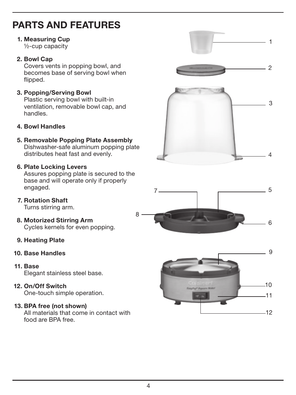 Parts and features | Cuisinart EasyPop Popcorn Maker CPM-700 Series User Manual | Page 4 / 17