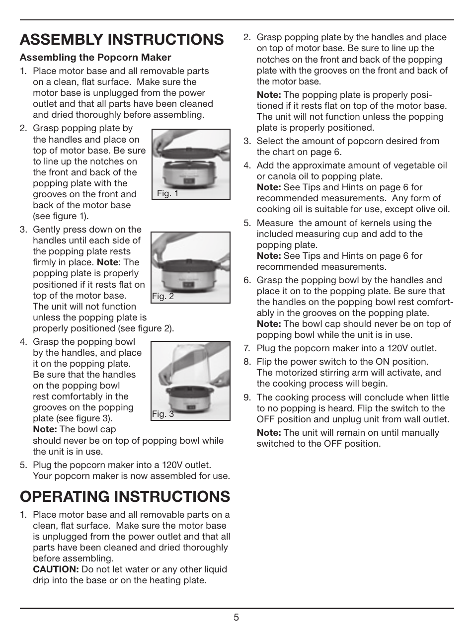 Assembly instructions, Operating instructions | Cuisinart EasyPop Popcorn Maker CPM-700 Series User Manual | Page 5 / 17