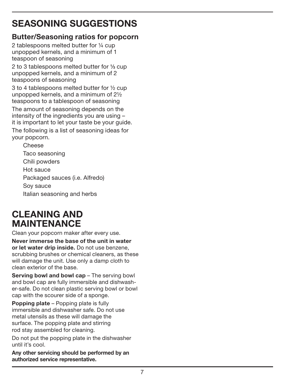 Seasoning suggestions, Cleaning and maintenance, Butter/seasoning ratios for popcorn | Cuisinart EasyPop Popcorn Maker CPM-700 Series User Manual | Page 7 / 17