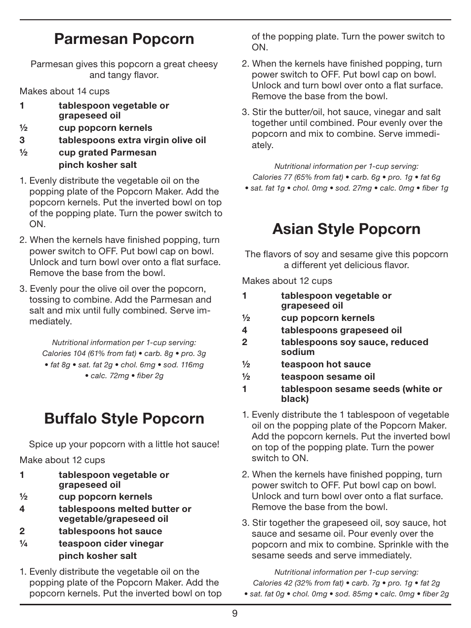 Parmesan popcorn, Buffalo style popcorn, Asian style popcorn | Cuisinart EasyPop Popcorn Maker CPM-700 Series User Manual | Page 9 / 17