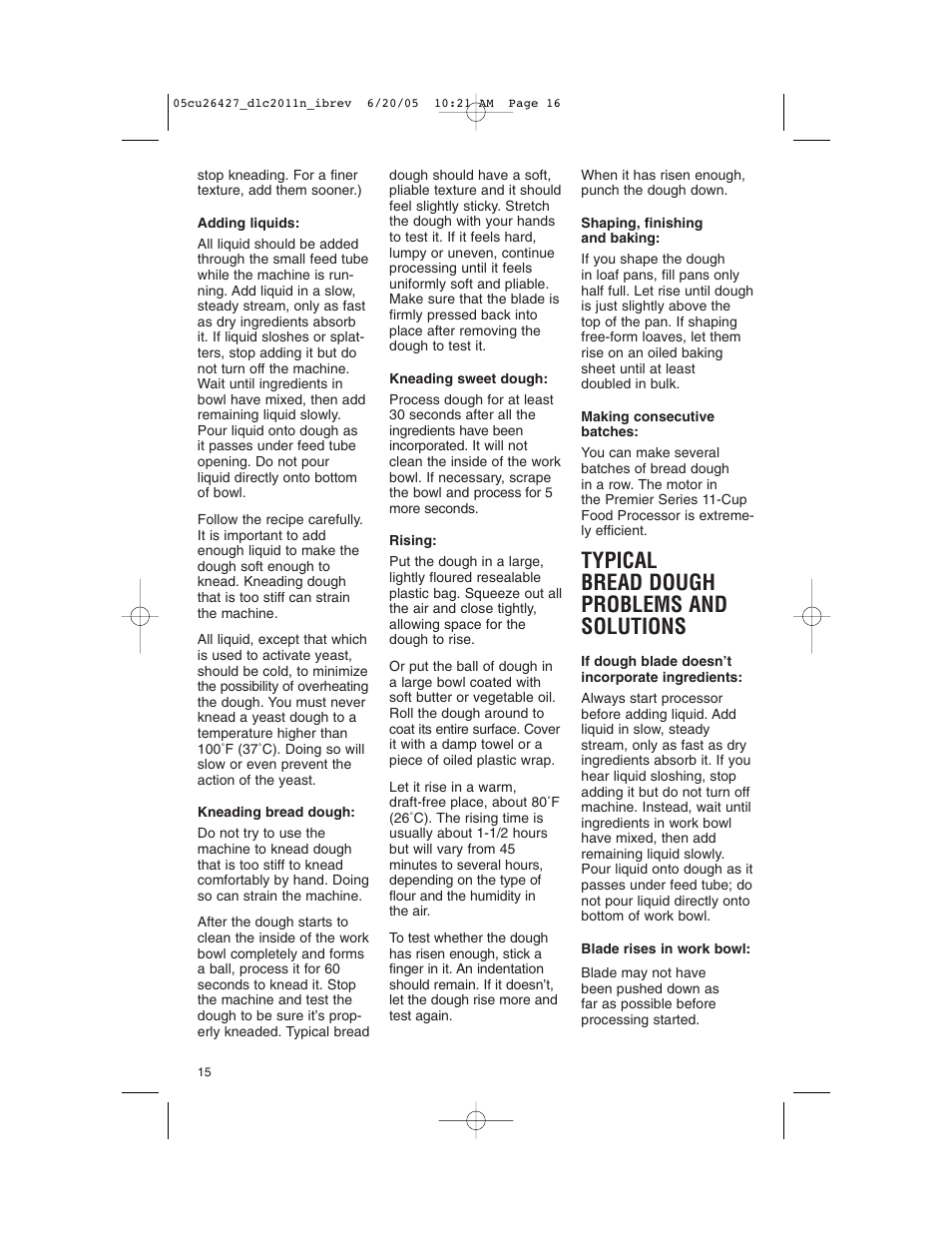 Typical bread dough problems and solutions | Cuisinart DLC-2011N User Manual | Page 16 / 68