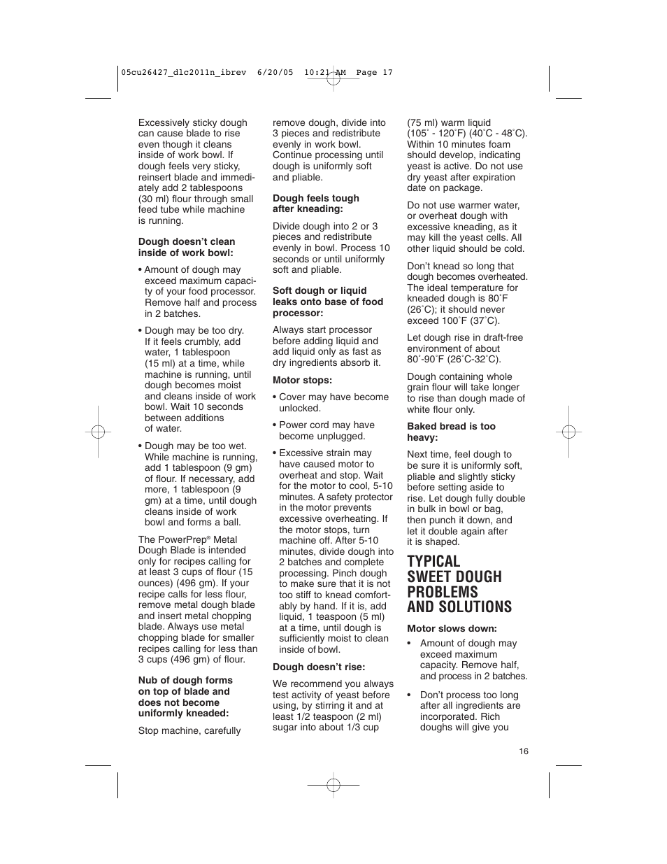 Typical sweet dough problems and solutions | Cuisinart DLC-2011N User Manual | Page 17 / 68