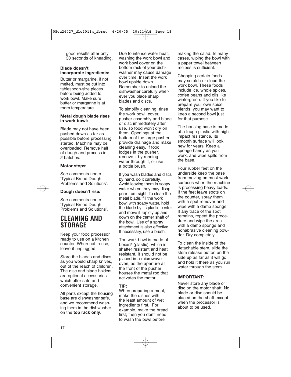 Cleaning and storage | Cuisinart DLC-2011N User Manual | Page 18 / 68