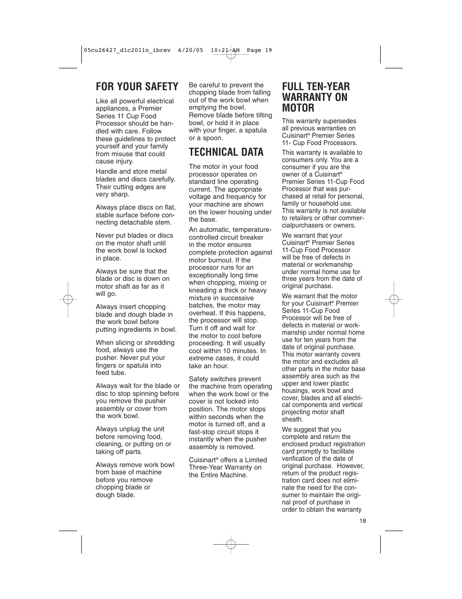 For your safety, Technical data, Full ten-year warranty on motor | Cuisinart DLC-2011N User Manual | Page 19 / 68