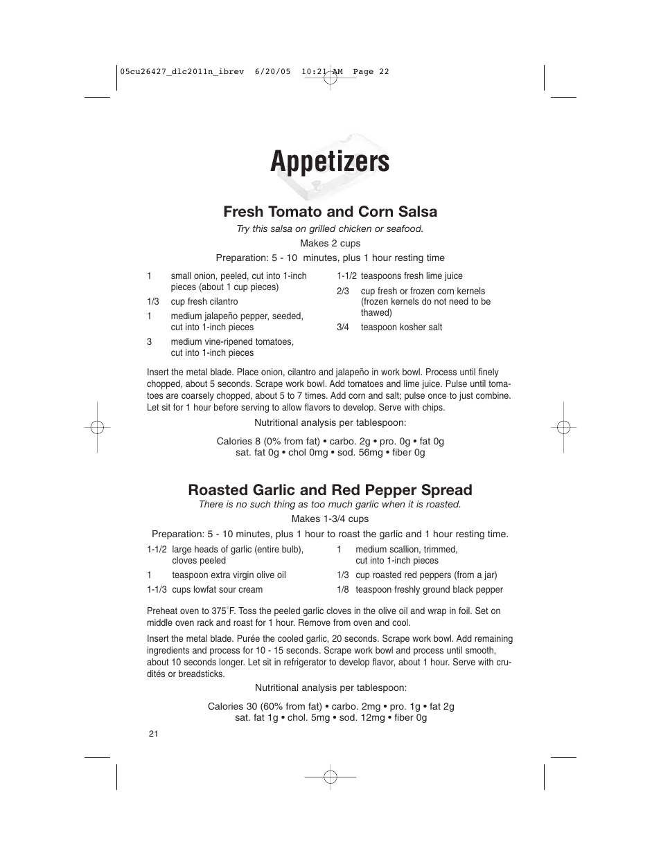 Appetizers, Fresh tomato and corn salsa, Roasted garlic and red pepper spread | Cuisinart DLC-2011N User Manual | Page 22 / 68