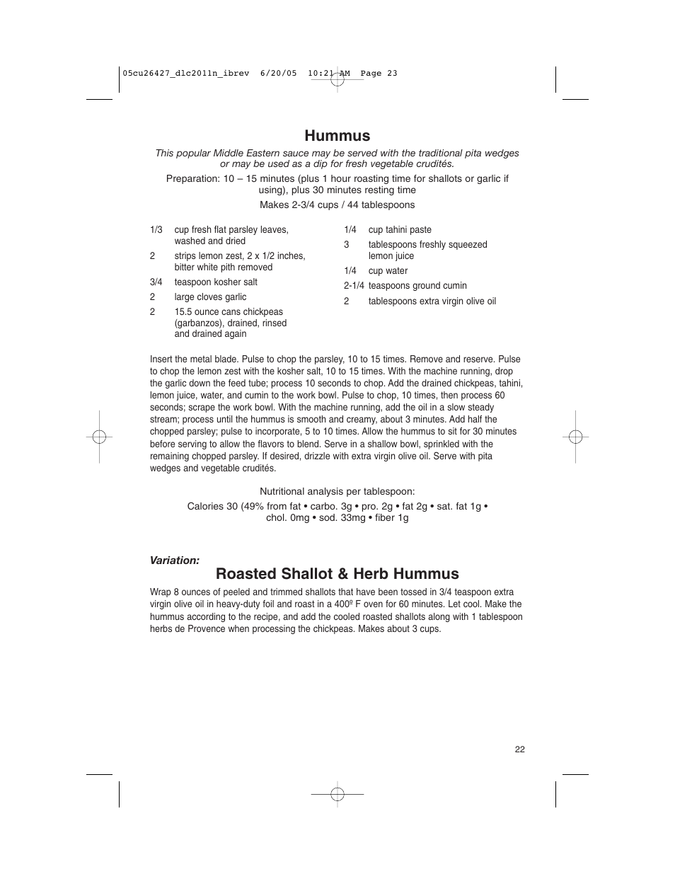 Hummus, Roasted shallot & herb hummus | Cuisinart DLC-2011N User Manual | Page 23 / 68