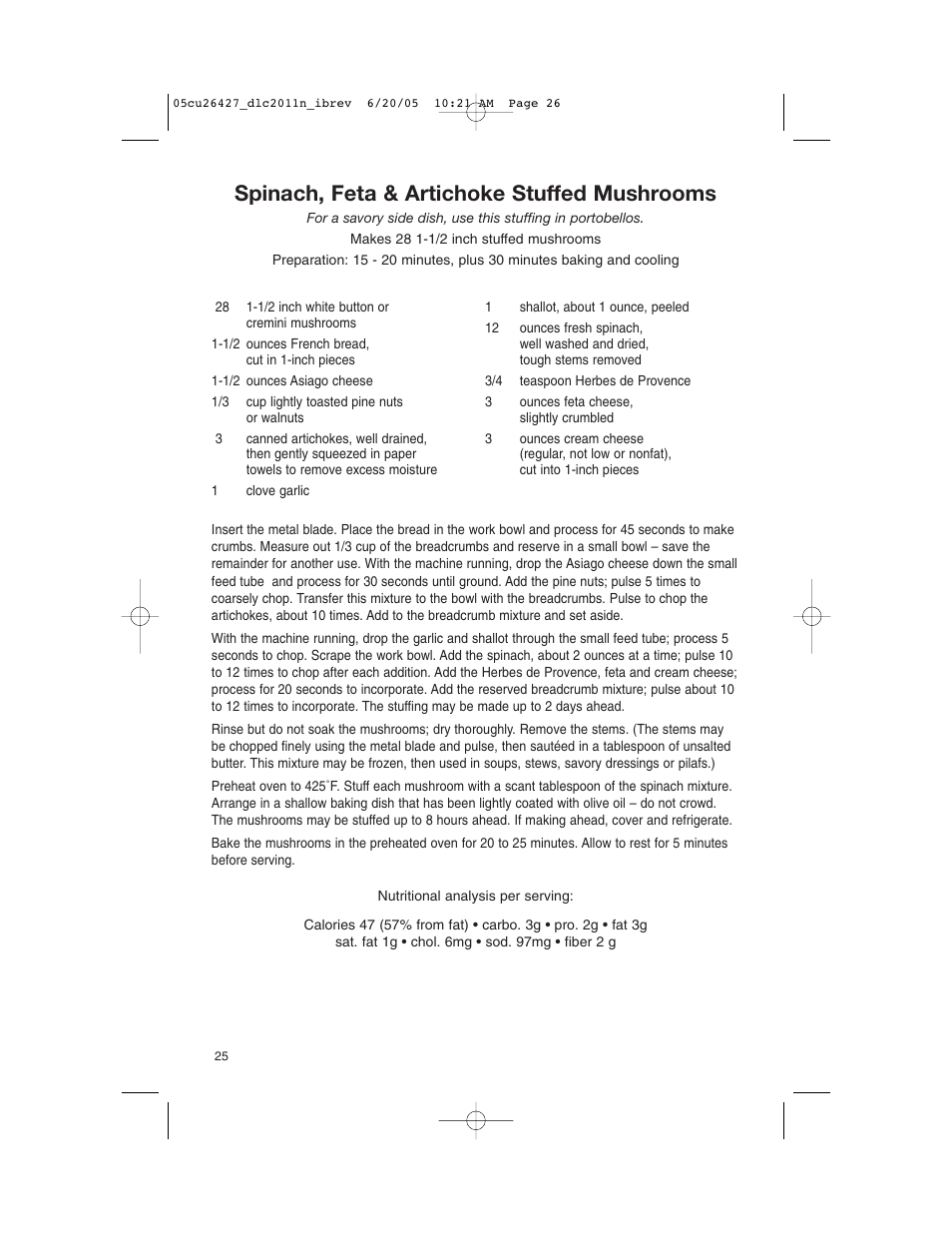 Spinach, feta & artichoke stuffed mushrooms | Cuisinart DLC-2011N User Manual | Page 26 / 68