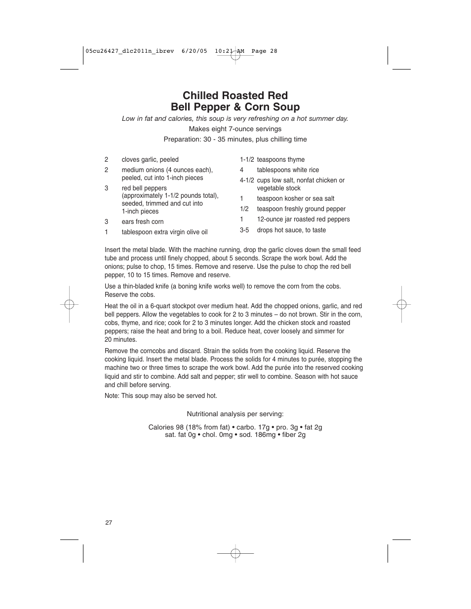 Chilled roasted red bell pepper & corn soup | Cuisinart DLC-2011N User Manual | Page 28 / 68