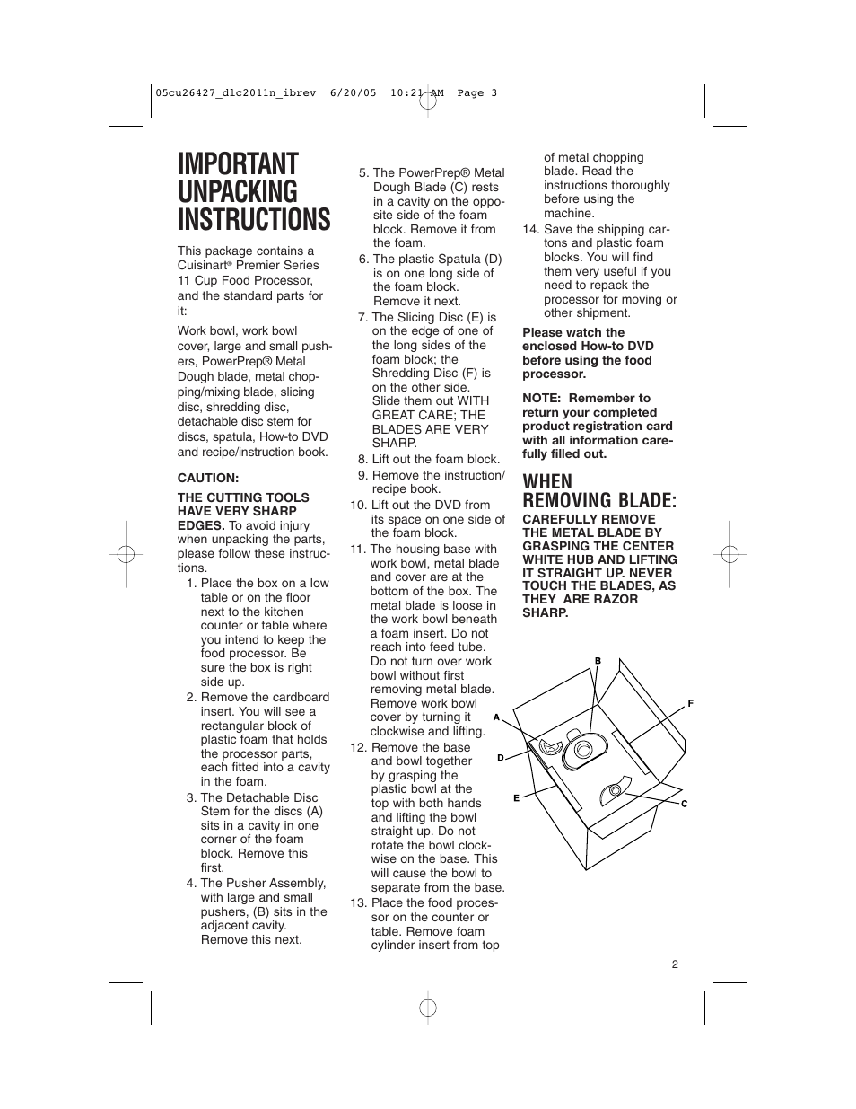 Important unpacking instructions, When removing blade | Cuisinart DLC-2011N User Manual | Page 3 / 68