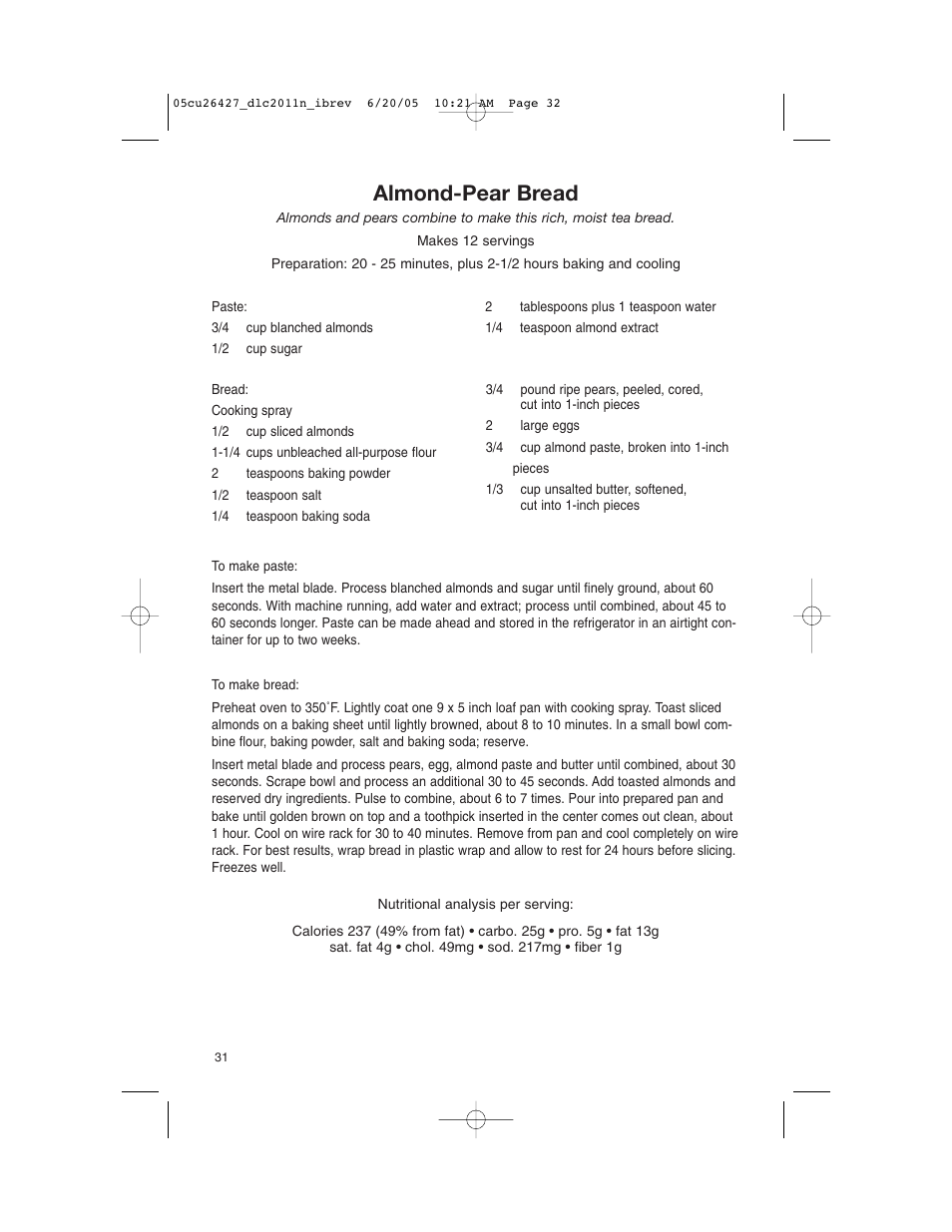 Almond-pear bread | Cuisinart DLC-2011N User Manual | Page 32 / 68
