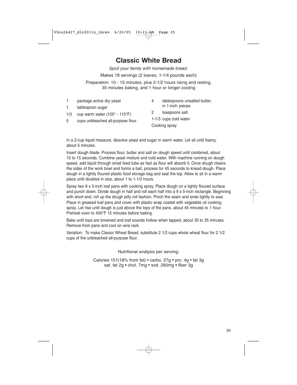 Classic white bread | Cuisinart DLC-2011N User Manual | Page 35 / 68