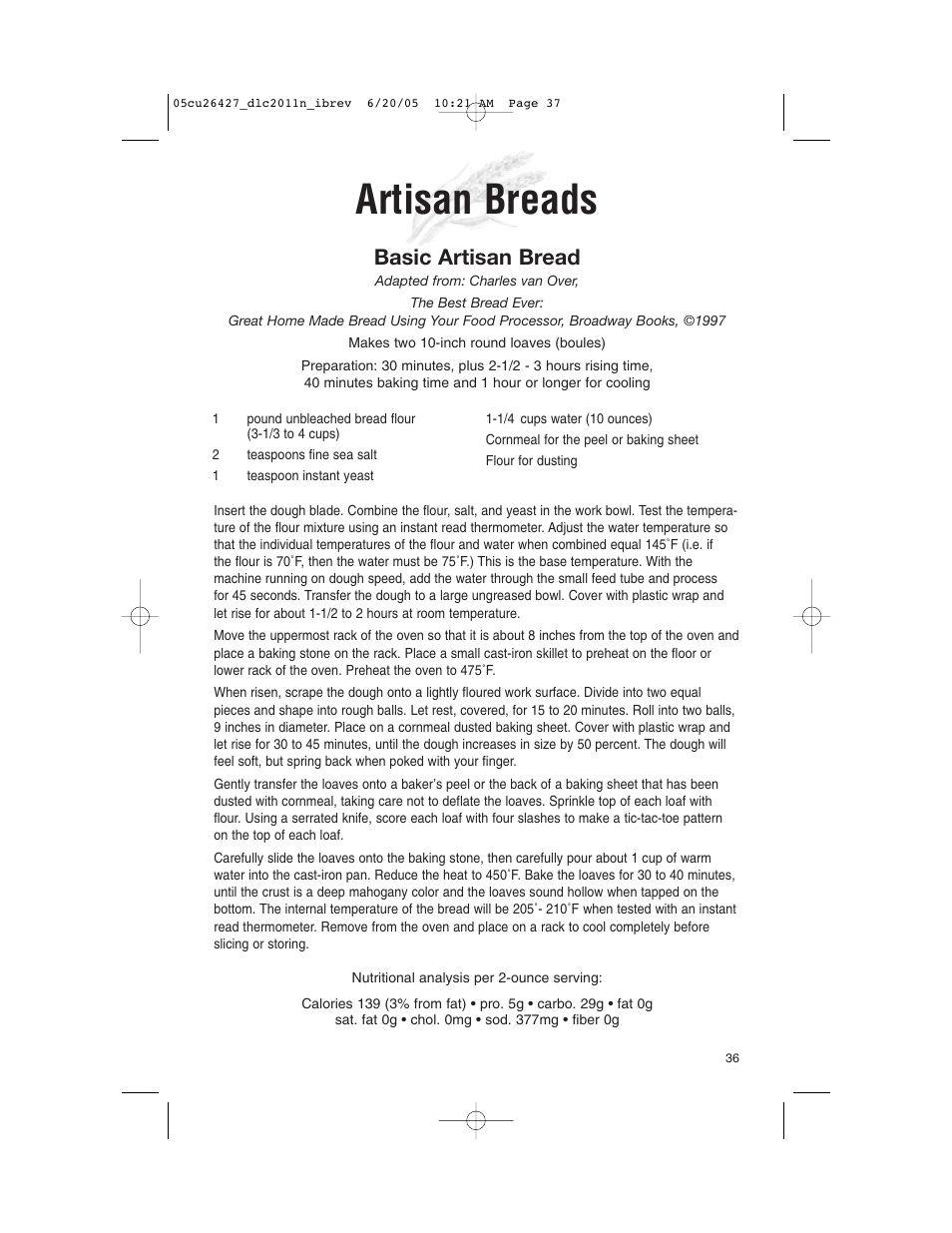 Artisan breads, Basic artisan bread | Cuisinart DLC-2011N User Manual | Page 37 / 68