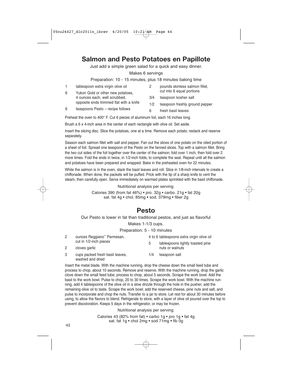 Salmon and pesto potatoes en papillote, Pesto | Cuisinart DLC-2011N User Manual | Page 44 / 68