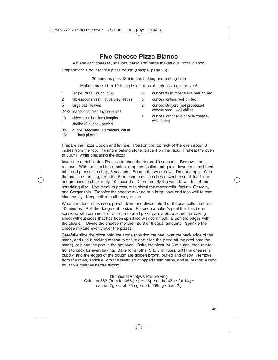 Five cheese pizza bianco | Cuisinart DLC-2011N User Manual | Page 47 / 68