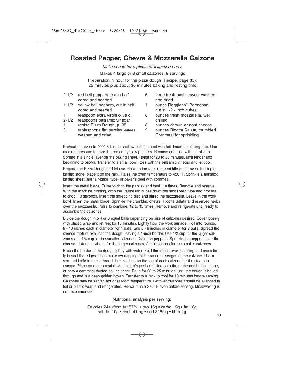 Roasted pepper, chevre & mozzarella calzone | Cuisinart DLC-2011N User Manual | Page 49 / 68