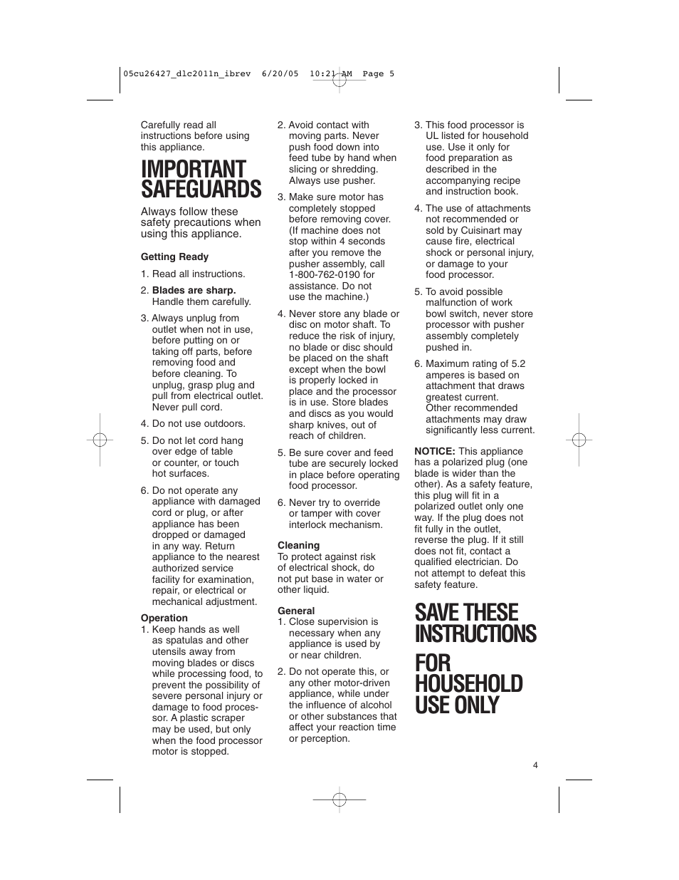 Important safeguards, Save these instructions for household use only | Cuisinart DLC-2011N User Manual | Page 5 / 68
