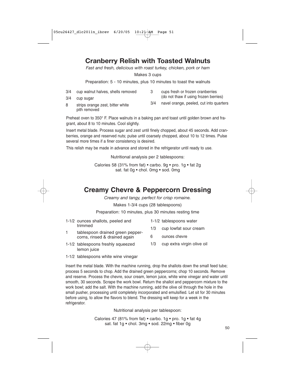Cranberry relish with toasted walnuts, Creamy chevre & peppercorn dressing | Cuisinart DLC-2011N User Manual | Page 51 / 68