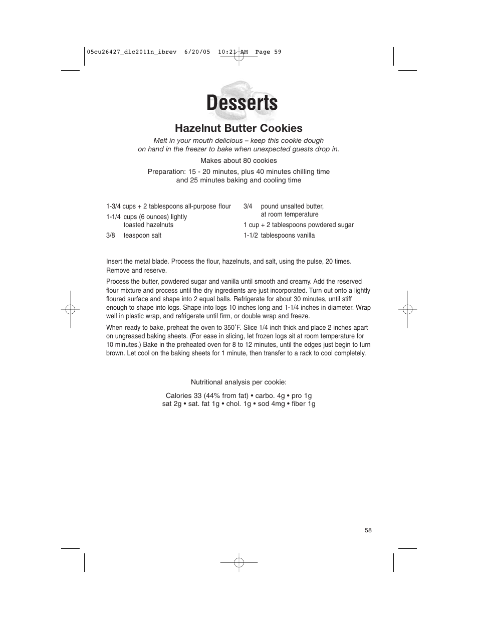 Desserts, Hazelnut butter cookies | Cuisinart DLC-2011N User Manual | Page 59 / 68