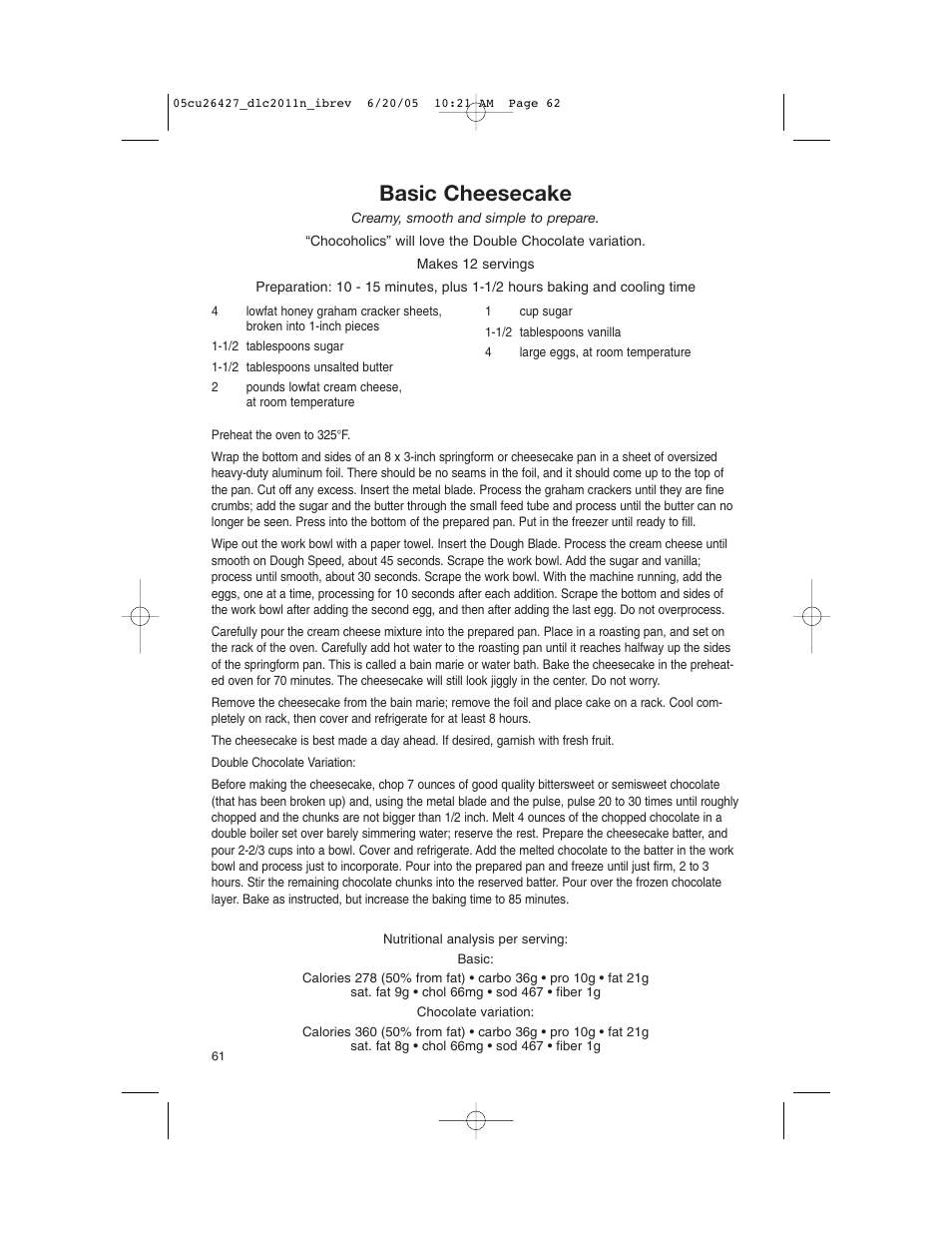 Basic cheesecake | Cuisinart DLC-2011N User Manual | Page 62 / 68