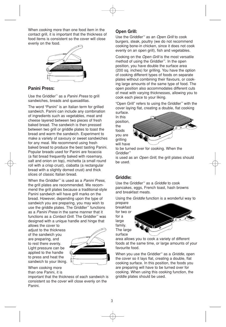 Panini press, Open grill, Griddle | Cuisinart CGR-4C User Manual | Page 4 / 8