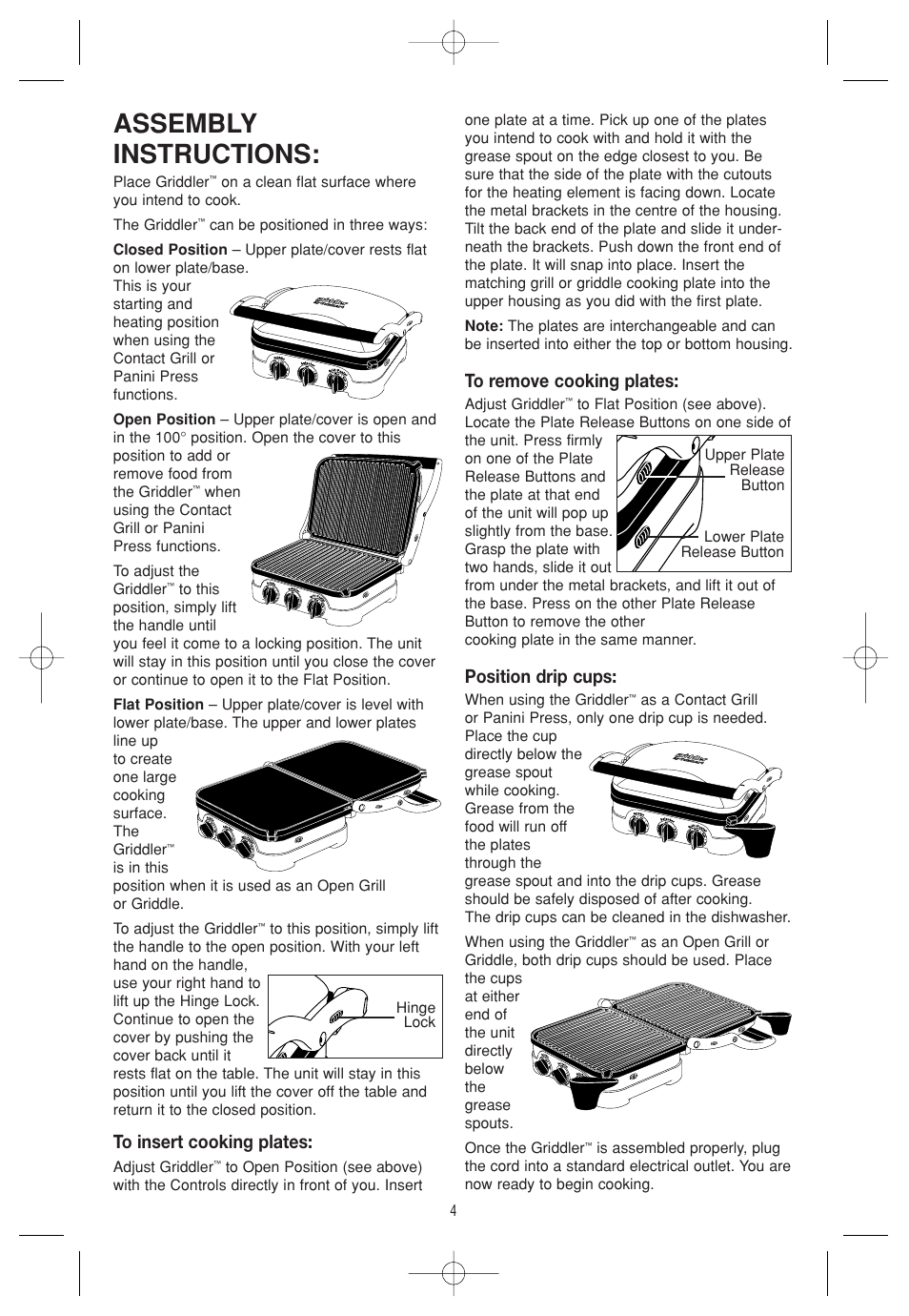 Assembly instructions, Position drip cups | Cuisinart CGR-4C User Manual | Page 5 / 8