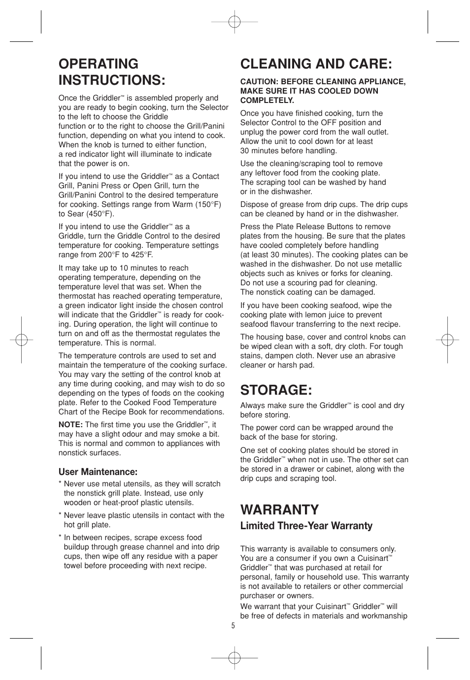 Operating instructions, Cleaning and care, Storage | Warranty, Limited three-year warranty, User maintenance | Cuisinart CGR-4C User Manual | Page 6 / 8