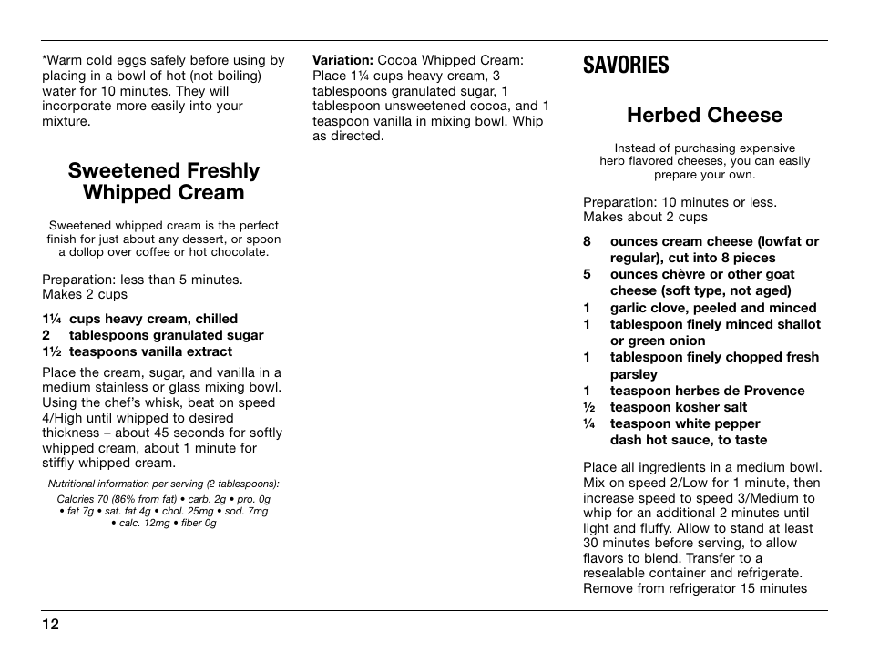 Savories, Sweetened freshly whipped cream, Herbed cheese | Cuisinart SmartPower 0CU6515 User Manual | Page 12 / 19