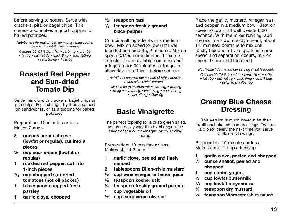 Roasted red pepper and sun-dried tomato dip, Basic vinaigrette, Creamy blue cheese dressing | Cuisinart SmartPower 0CU6515 User Manual | Page 13 / 19