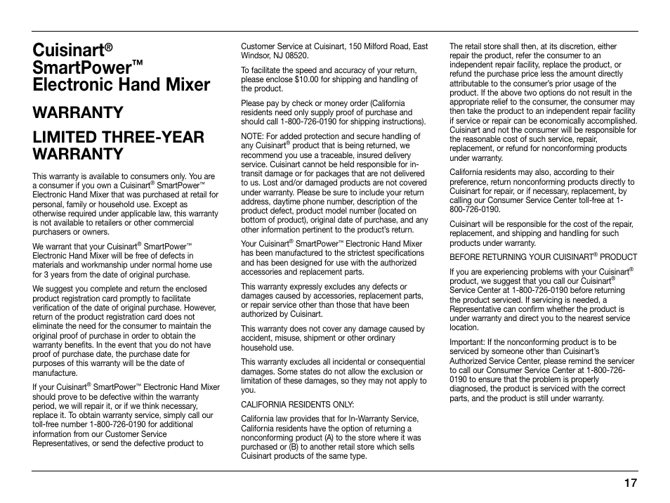 Cuisinart, Smartpower, Electronic hand mixer | Warranty limited three-year warranty | Cuisinart SmartPower 0CU6515 User Manual | Page 17 / 19