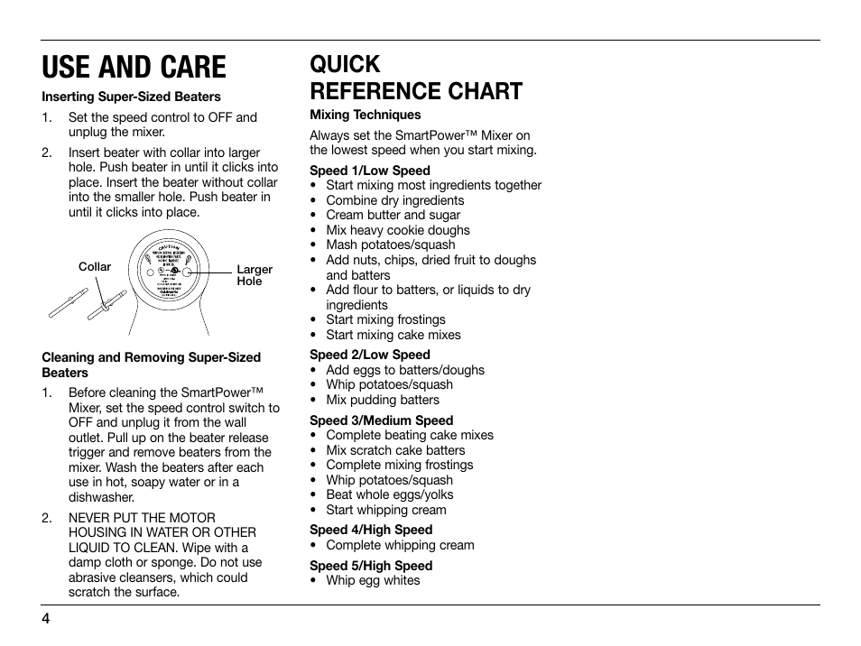 Use and care, Quick reference chart | Cuisinart SmartPower 0CU6515 User Manual | Page 4 / 19