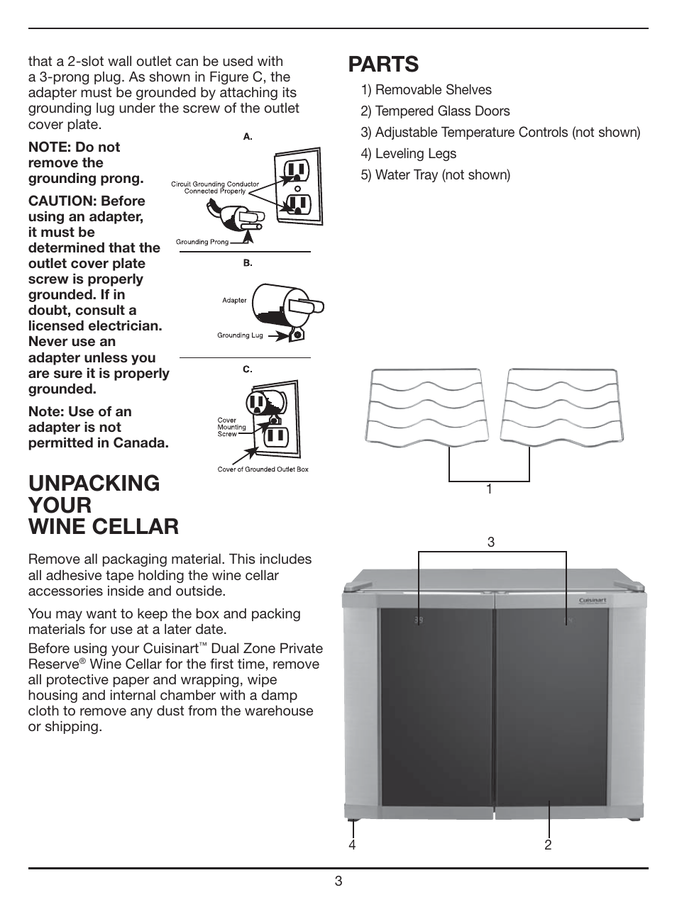 Unpacking your wine cellar, Parts | Cuisinart CWC-1200DZ User Manual | Page 3 / 13
