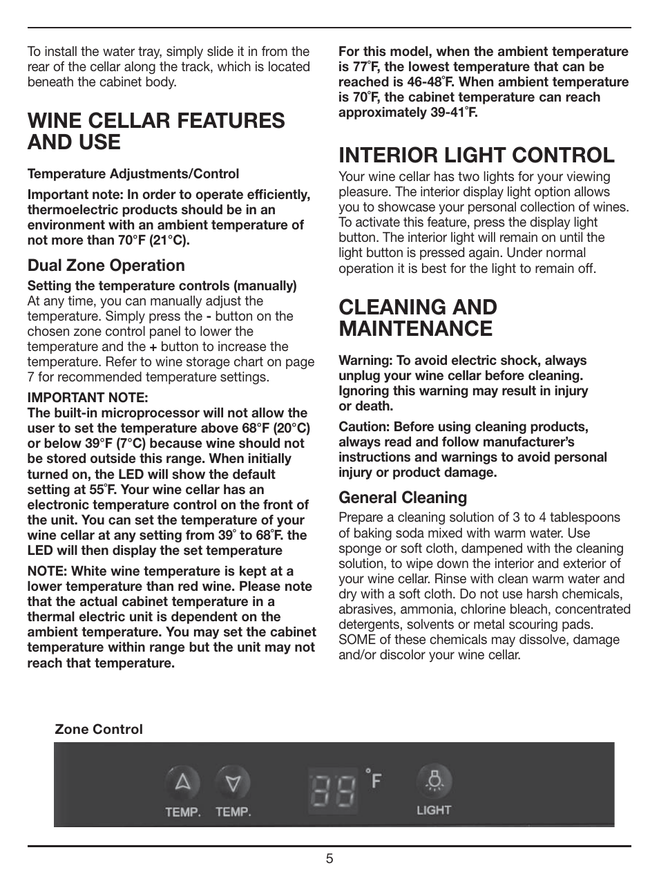 Wine cellar features and use, Interior light control, Cleaning and maintenance | Cuisinart CWC-1200DZ User Manual | Page 5 / 13