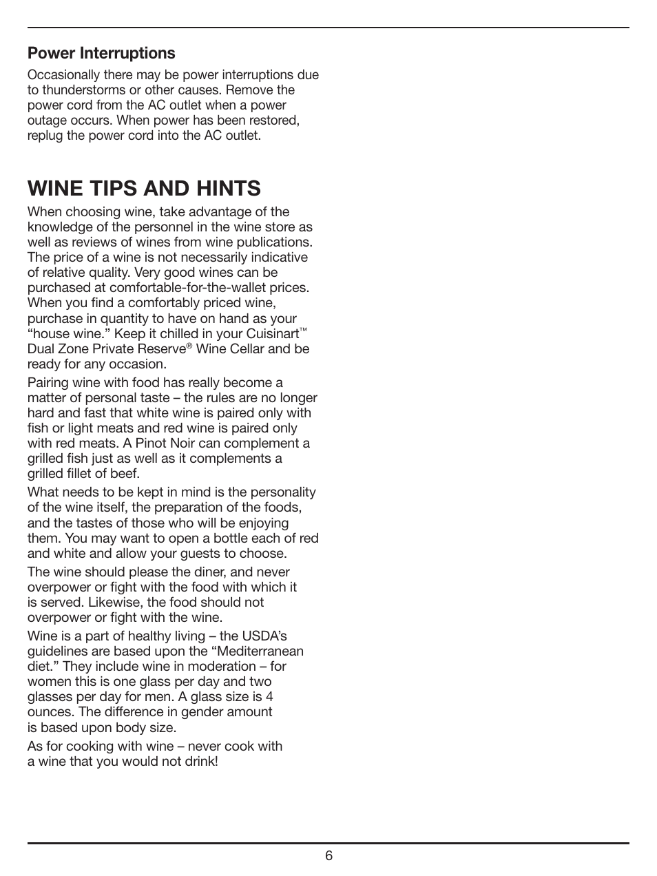 Wine tips and hints, Power interruptions | Cuisinart CWC-1200DZ User Manual | Page 6 / 13