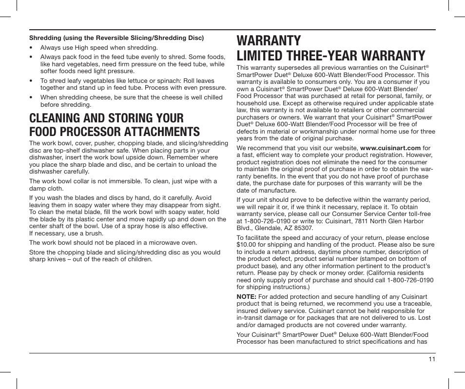 Warranty limited three-year warranty | Cuisinart SMARTPOWER DUET BFP-603 User Manual | Page 11 / 29