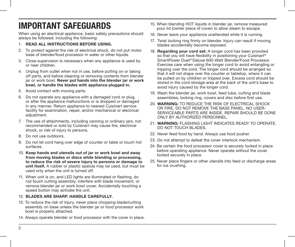 Important safeguards | Cuisinart SMARTPOWER DUET BFP-603 User Manual | Page 2 / 29