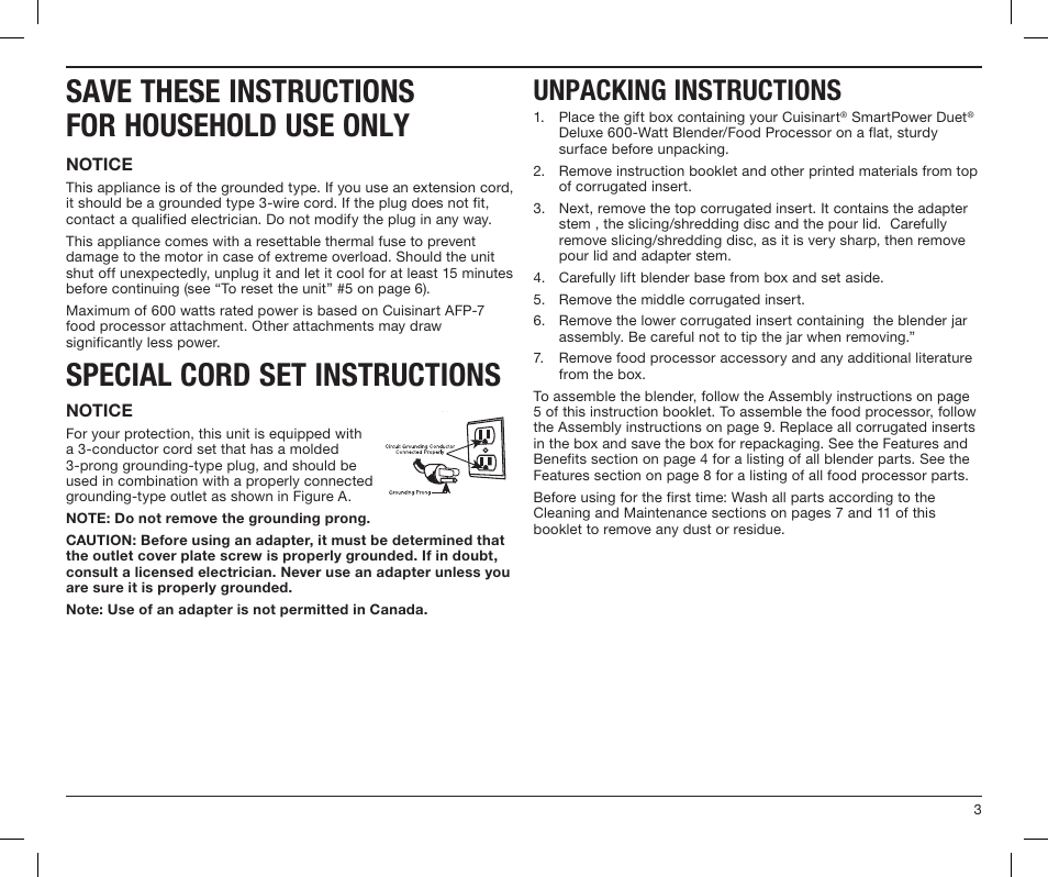 Save these instructions for household use only, Special cord set instructions, Unpacking instructions | Cuisinart SMARTPOWER DUET BFP-603 User Manual | Page 3 / 29