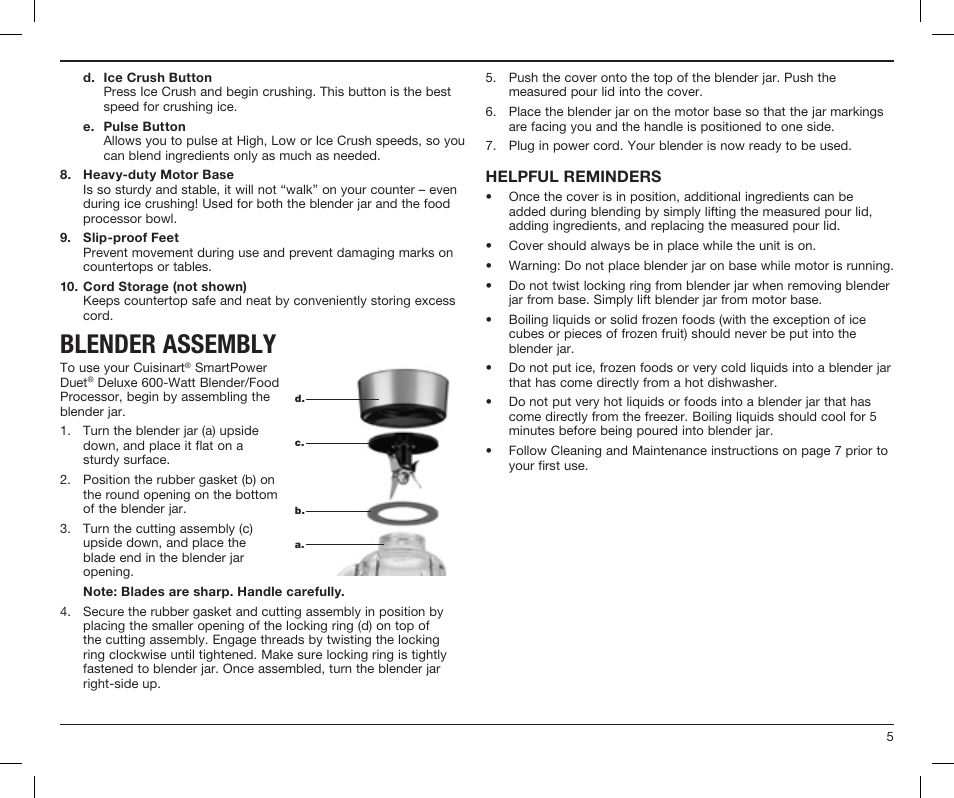 Blender assembly | Cuisinart SMARTPOWER DUET BFP-603 User Manual | Page 5 / 29