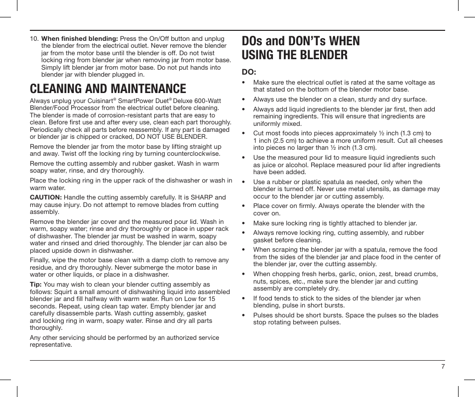Cleaning and maintenance, Dos and don’ts when using the blender | Cuisinart SMARTPOWER DUET BFP-603 User Manual | Page 7 / 29