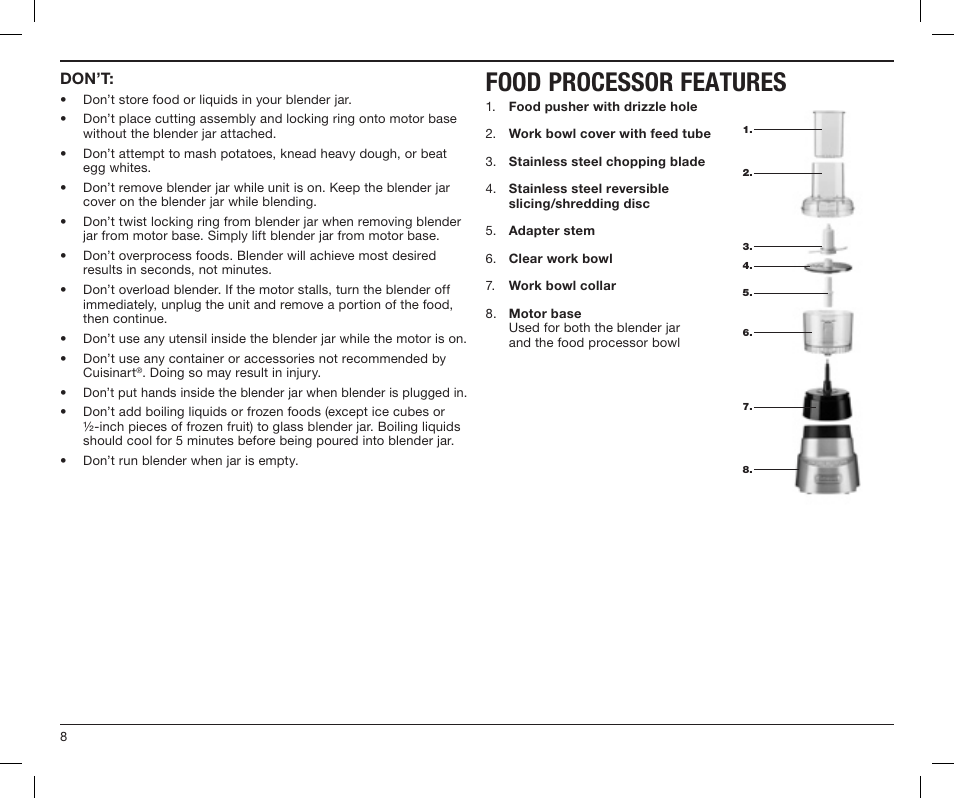 Food processor features | Cuisinart SMARTPOWER DUET BFP-603 User Manual | Page 8 / 29