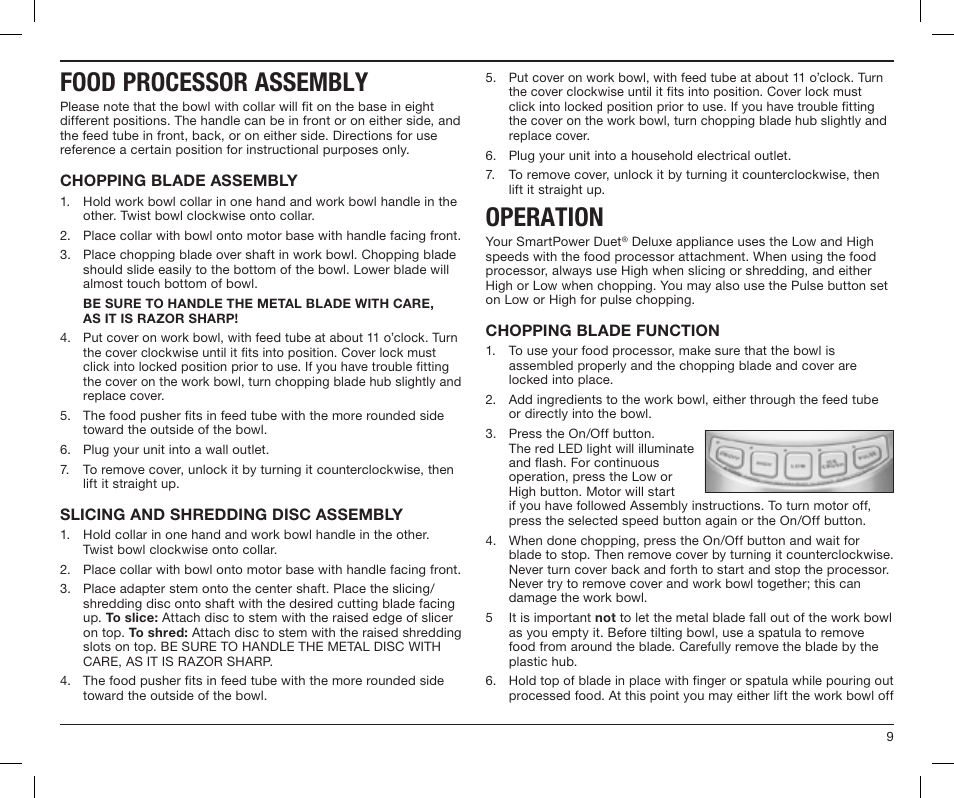 Food processor assembly, Operation | Cuisinart SMARTPOWER DUET BFP-603 User Manual | Page 9 / 29