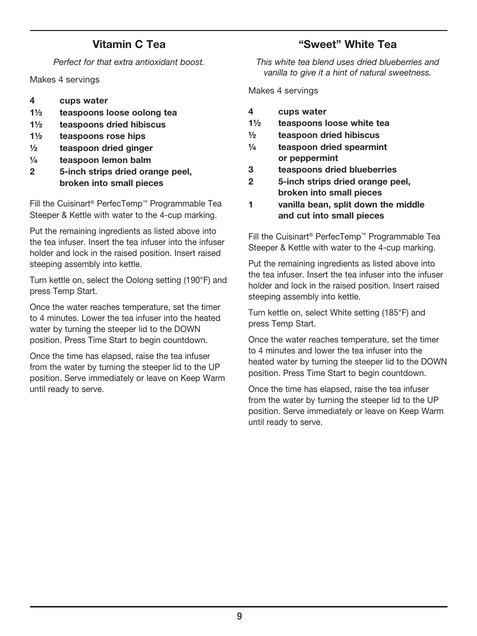 Vitamin c tea, Sweet” white tea | Cuisinart PerfecTemp Programmable Tea Steeper & Kettle TEA-100 User Manual | Page 10 / 17