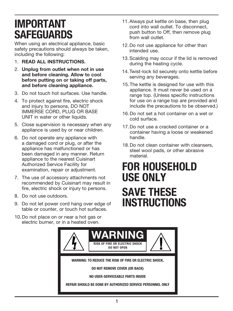 Important safeguards, For household use only save these instructions, Warning | Cuisinart PerfecTemp Programmable Tea Steeper & Kettle TEA-100 User Manual | Page 2 / 17