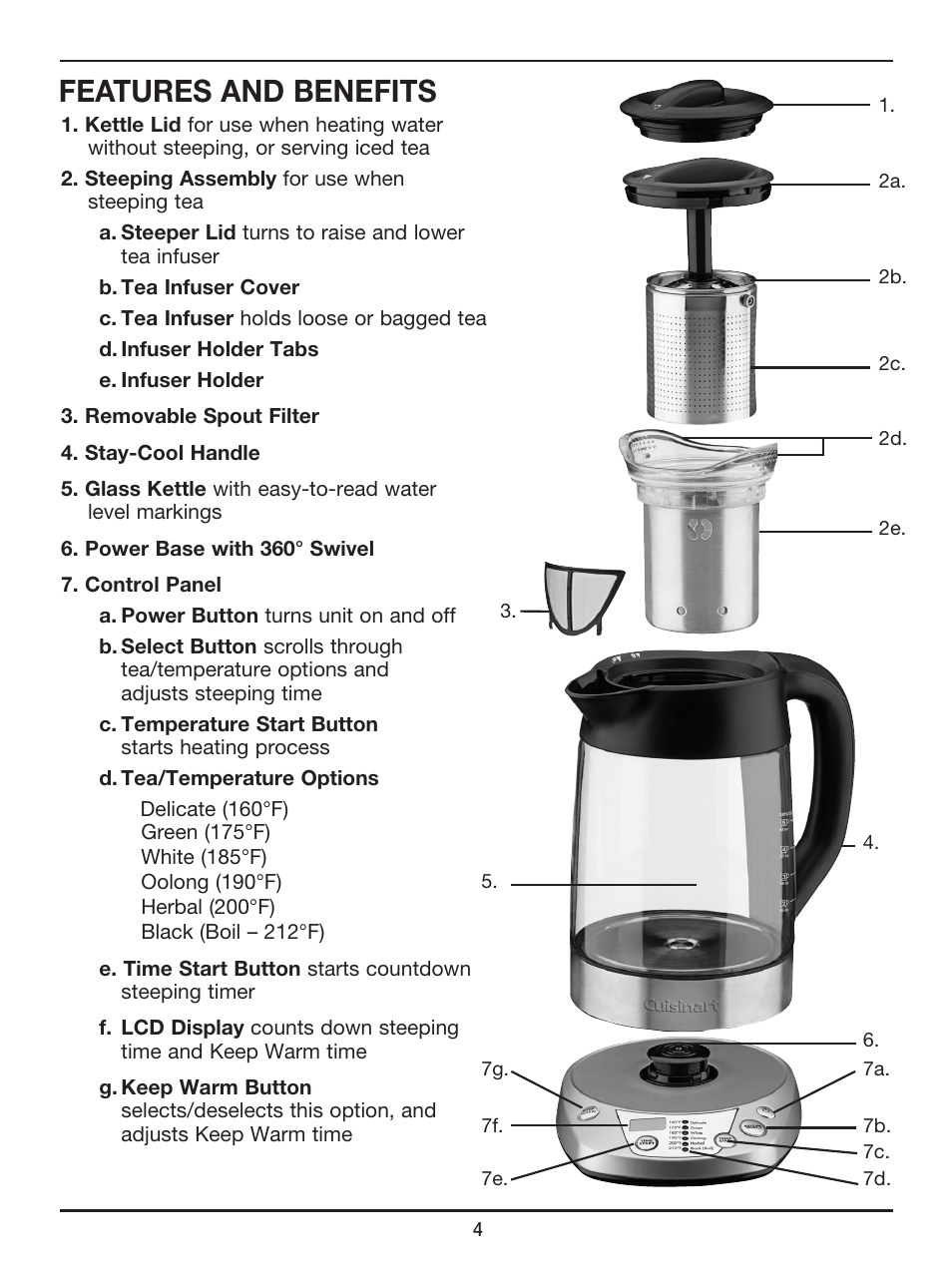 Features and benefits | Cuisinart PerfecTemp Programmable Tea Steeper & Kettle TEA-100 User Manual | Page 5 / 17