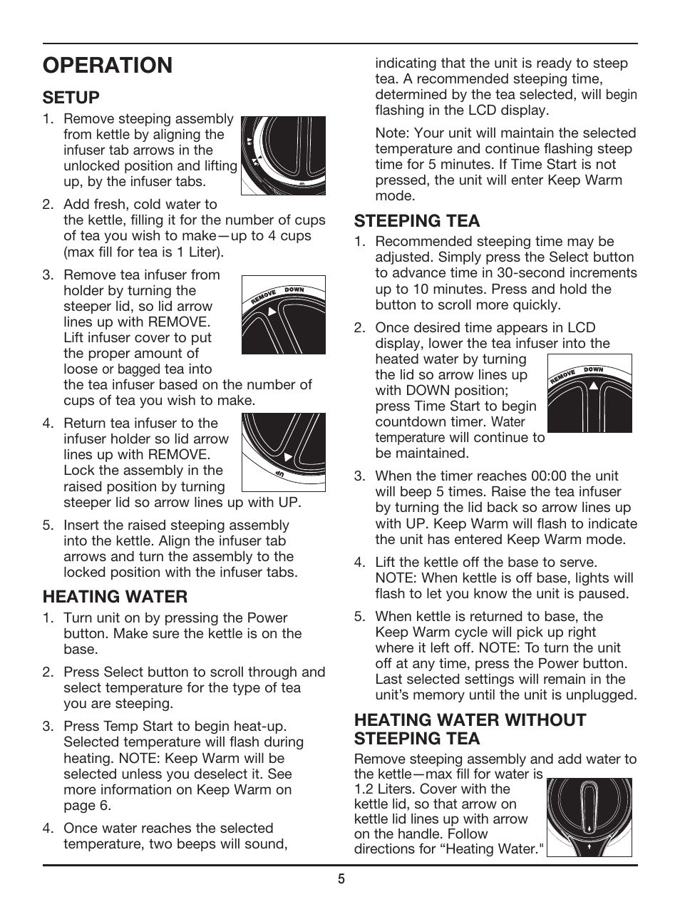 Operation, Setup, Heating water | Steeping tea, Heating water without steeping tea | Cuisinart PerfecTemp Programmable Tea Steeper & Kettle TEA-100 User Manual | Page 6 / 17