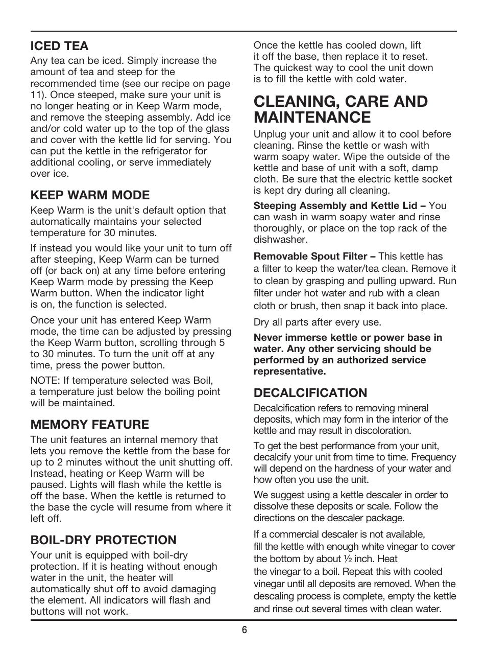 Cleaning, care and maintenance, Iced tea, Keep warm mode | Boil-dry protection, Decalcification | Cuisinart PerfecTemp Programmable Tea Steeper & Kettle TEA-100 User Manual | Page 7 / 17