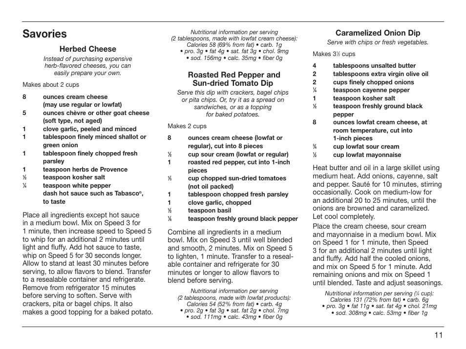 Savories, Herbed cheese, Roasted red pepper and sun-dried tomato dip | Caramelized onion dip | Cuisinart HM-50 User Manual | Page 11 / 17