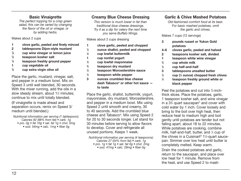 Basic vinaigrette, Creamy blue cheese dressing, Garlic & chive mashed potatoes | Cuisinart HM-50 User Manual | Page 12 / 17