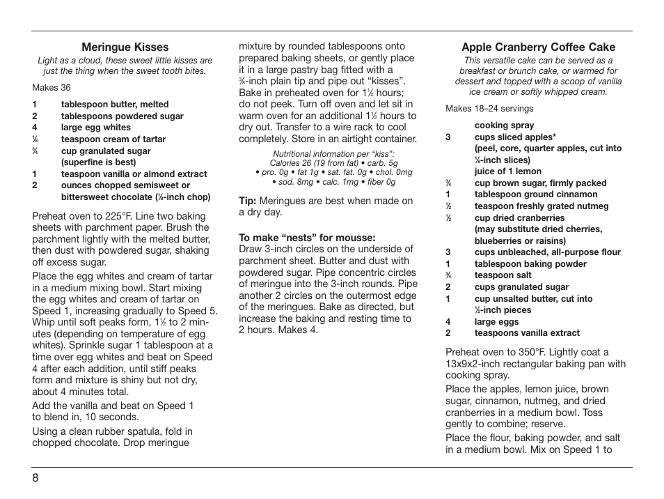 Meringue kisses, Apple cranberry coffee cake | Cuisinart HM-50 User Manual | Page 8 / 17